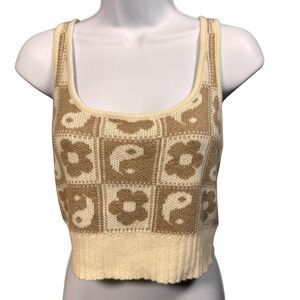 Knit Crop Tank Top Daisy Floral‎ Yin Yang Checkerboard M Hippie Festival 90s Y2K